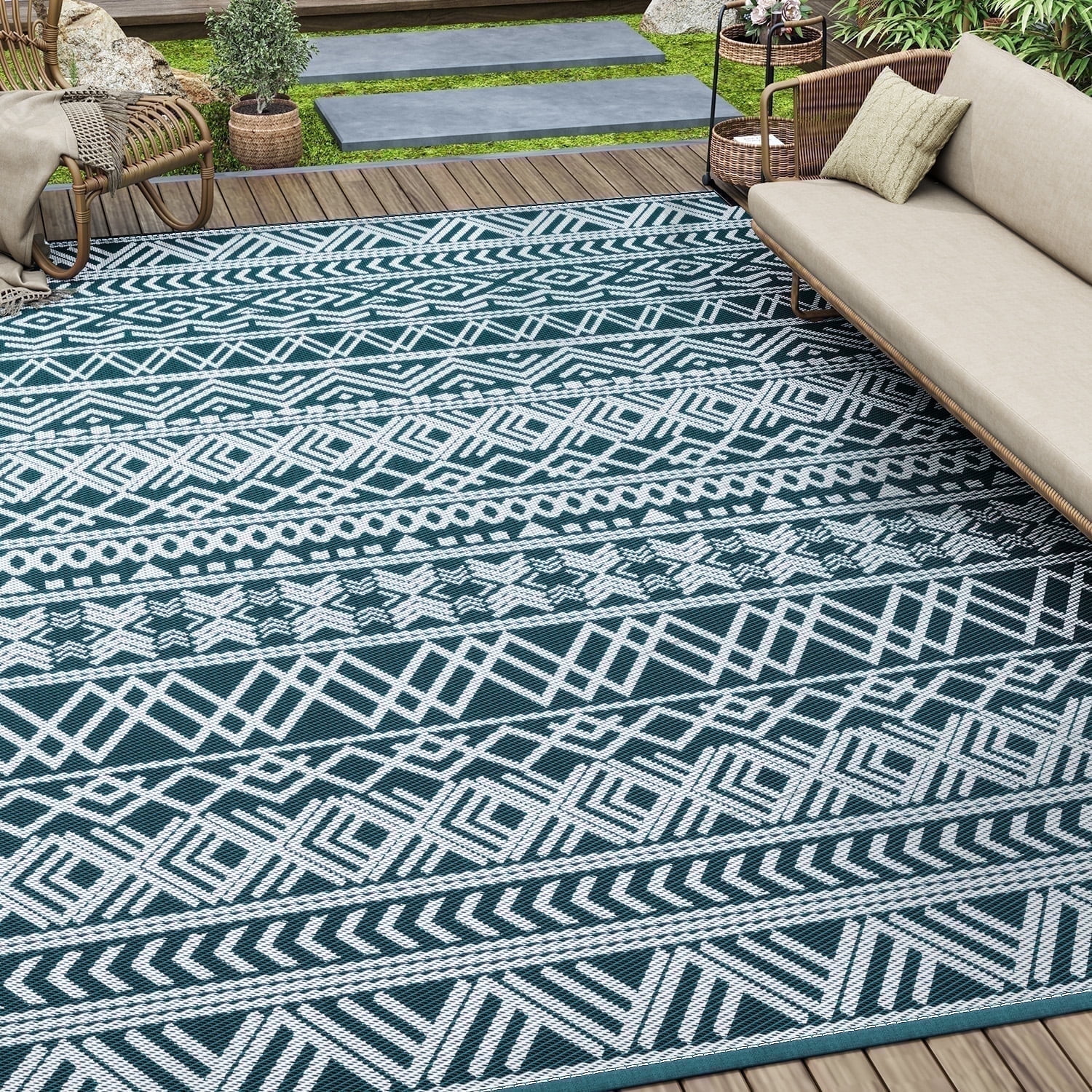 SIXHOME Outdoor Rug 5 x8 Waterproof Reversible Patio Plastic Straw Lightweight Indoor RV Camping Deck Balcony Boho Porch Decor Black White