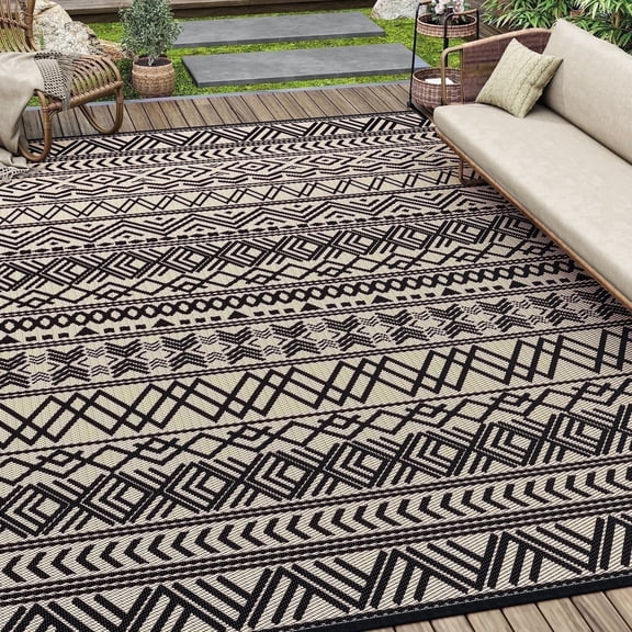 SIXHOME Outdoor Rug 5'x8' Waterproof Reversible Patio Rug Boho Geometric Indoor Outdoor Rugs Lightweight Plastic Straw Ourdoor Carpet for RV Camping Deck Balcony Modern Porch Decor Black and Beige