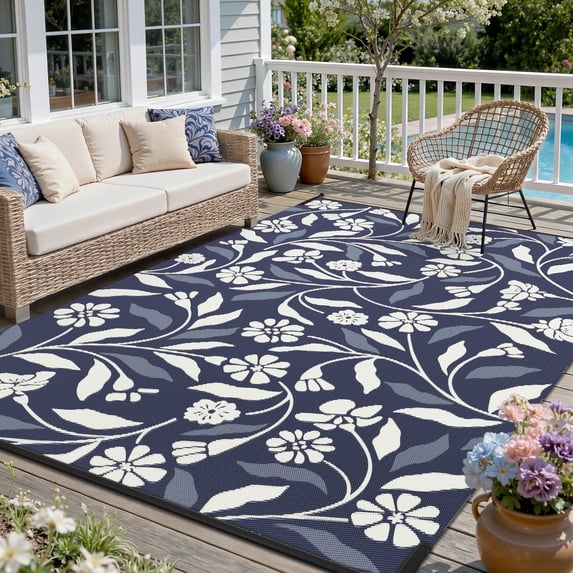 SIXHOME Outdoor Rug 5'x8' Waterproof Reversible Patio Rug Boho Geometric Indoor Outdoor Rugs Lightweight Plastic Straw Ourdoor Carpet for RV Camping Deck Balcony Modern Porch Decor Blue