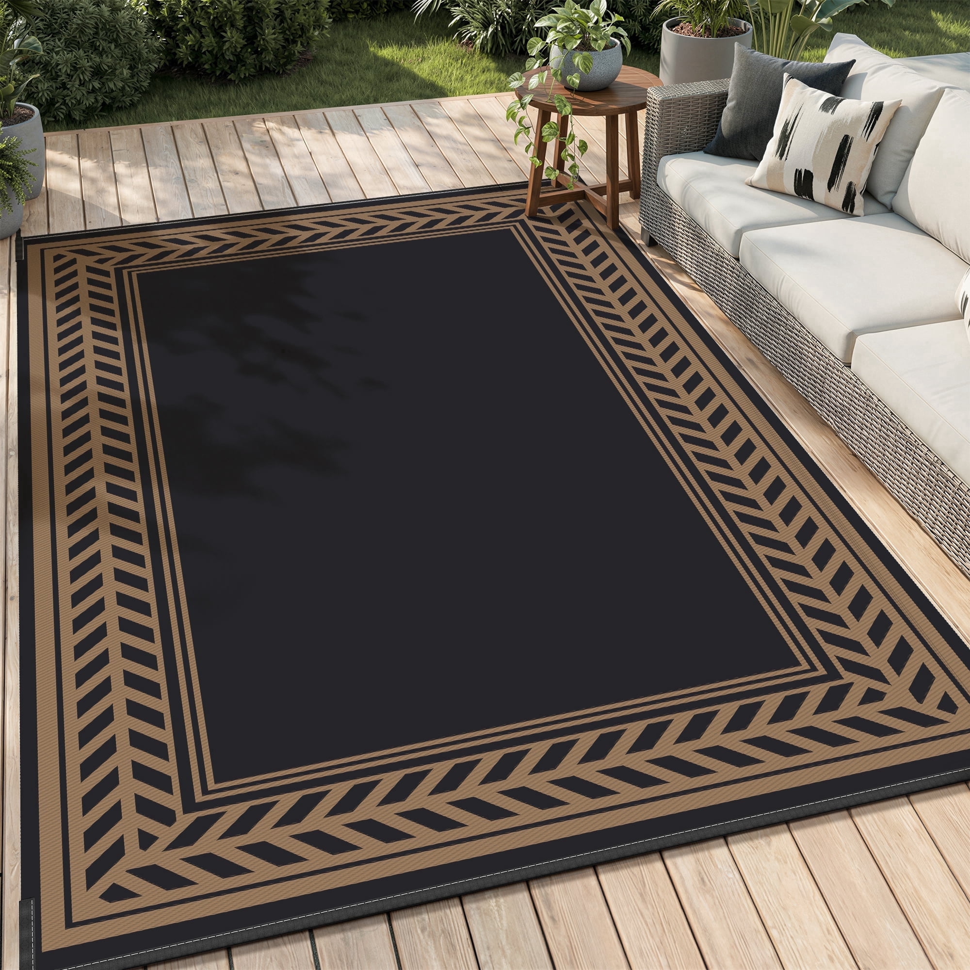 SIXHOME Outdoor Rug 5'x8' Waterproof Reversible Patio Rug Boho Geometric Indoor Outdoor Rugs Lightweight Plastic Straw Ourdoor Carpet for RV Camping Deck Balcony Modern Porch Decor Black and Brown