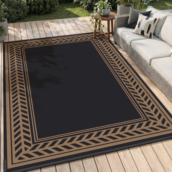 SIXHOME Outdoor Rug 5'x8' Waterproof Reversible Patio Rug Boho Geometric Indoor Outdoor Rugs Lightweight Plastic Straw Ourdoor Carpet for RV Camping Deck Balcony Modern Porch Decor Black and Brown