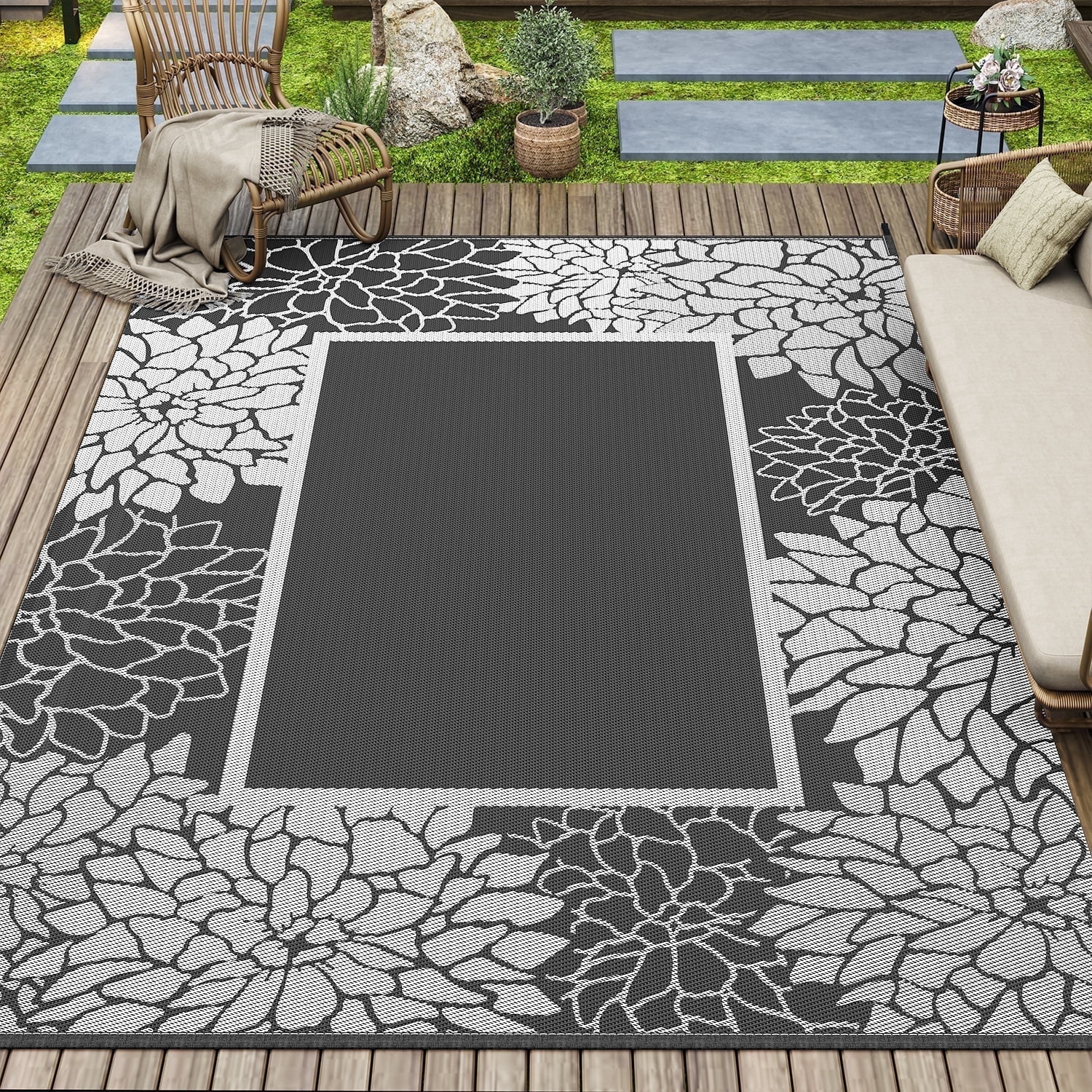SIXHOME Outdoor Rug 5 x8 Waterproof Reversible Patio Plastic Straw Lightweight Indoor RV Camping Deck Balcony Boho Porch Decor Black White