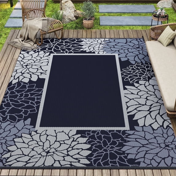SIXHOME Outdoor Rug 5'x8' Waterproof Reversible Patio Rug Floral Border Plastic Straw Indoor Outdoor Rug for RV Camping Garden Picnic Beach Deck Backyard Porch Decor Blue and Gray