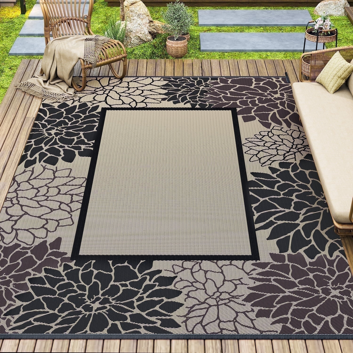 SIXHOME Outdoor Rug 5'x8' Waterproof Reversible Patio Rug Floral Border Plastic Straw Indoor Outdoor Rug for RV Camping Garden Picnic Beach Deck Backyard Porch Decor Black and Beige