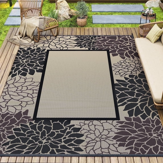 SIXHOME Outdoor Rug 5'x8' Waterproof Reversible Patio Rug Floral Border Plastic Straw Indoor Outdoor Rug for RV Camping Garden Picnic Beach Deck Backyard Porch Decor Black and Beige