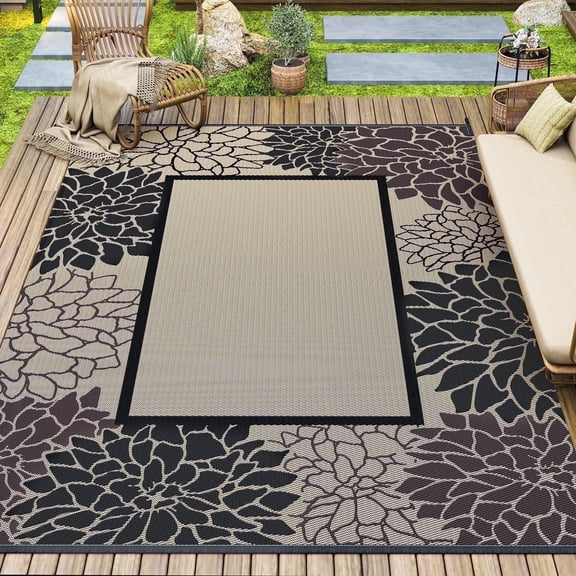 SIXHOME Outdoor Rug 5'x8' Waterproof Reversible Patio Rug Floral Border Plastic Straw Indoor Outdoor Rug for RV Camping Garden Picnic Beach Deck Backyard Porch Decor Black and Beige