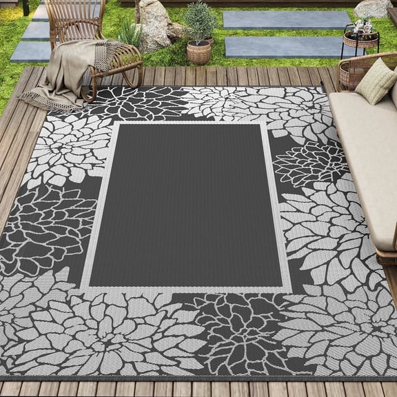 SIXHOME Outdoor Rug 5'x8' Waterproof Reversible Patio Rug Floral Border Plastic Straw Indoor Outdoor Rug for RV Camping Garden Picnic Beach Deck Backyard Porch Decor Light Gray