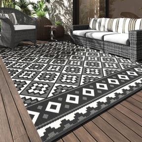 SIXHOME Outdoor Rug 5'x8' Waterproof Reversible Patio Rug Modern Lightweight Plastic Straw Indoor Outdoor Rug for RV Camping Deck Balcony Porch Boho Patio Decor Outdoor Carpet Black and Wite