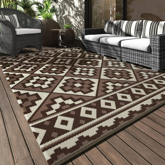 SIXHOME Outdoor Rug 5'x8' Waterproof Reversible Patio Rug Modern Lightweight Plastic Straw Indoor Outdoor Rug for RV Camping Deck Balcony Porch Boho Patio Decor Outdoor Carpet Brown and Beige