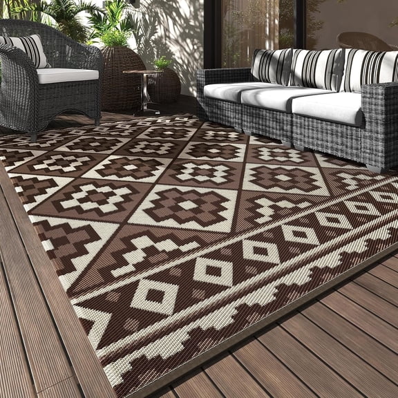 SIXHOME Outdoor Rug 5'x8' Waterproof Reversible Patio Rug Modern Lightweight Plastic Straw Indoor Outdoor Rug for RV Camping Deck Balcony Porch Boho Patio Decor Outdoor Carpet Brown and Beige