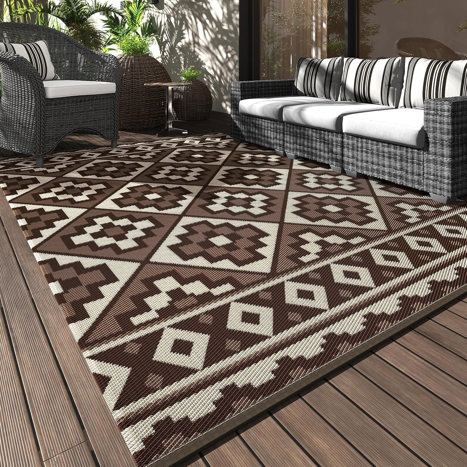 SIXHOME Outdoor Rug 5 x8 Waterproof Reversible Patio Plastic Straw Lightweight Indoor RV Camping Deck Balcony Boho Porch Decor Black White