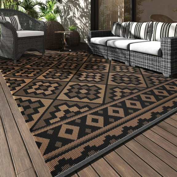 SIXHOME Outdoor Rug 5'x8' Waterproof Reversible Patio Rug Modern Lightweight Plastic Straw Indoor Outdoor Rug for RV Camping Deck Balcony Porch Boho Patio Decor Outdoor Carpet Black and Brown