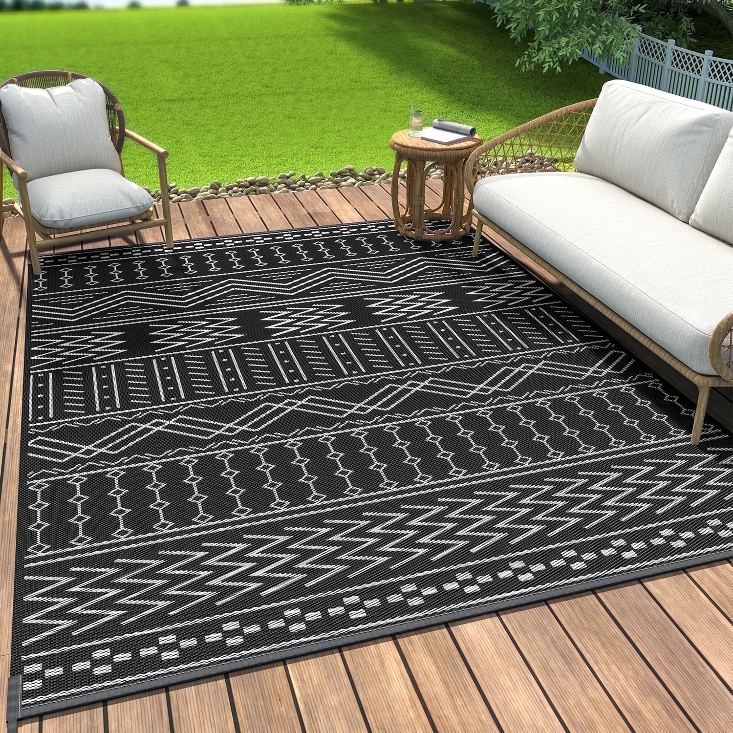 SIXHOME Outdoor Rug 6'x9' Waterproof Patio Rug Reversible Indoor Outdoor Rug Lightweight Plastic Straw Rug for RV Camping Deck Balcony Boho Porch Decor Dark Grey and White