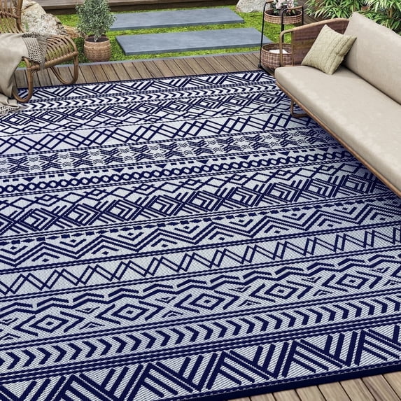SIXHOME Outdoor Rug 6'x9' Waterproof Reversible Patio Rug Boho Geometric Indoor Outdoor Rugs Lightweight Plastic Straw Ourdoor Carpet for RV Camping Deck Balcony Modern Porch Decor Blue and White