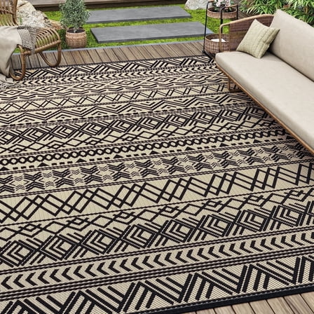 SIXHOME Outdoor Rug 6'x9' Waterproof Reversible Patio Rug Boho Geometric Indoor Outdoor Rugs Lightweight Plastic Straw Ourdoor Carpet for RV Camping Deck Balcony Modern Porch Decor Black and Beige