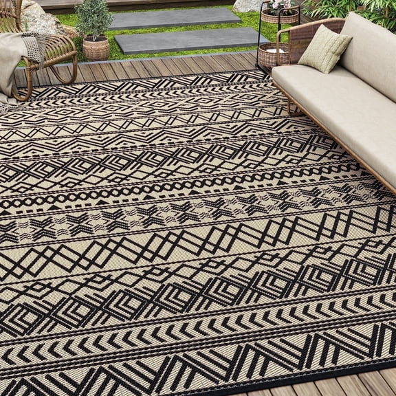 SIXHOME Outdoor Rug 6'x9' Waterproof Reversible Patio Rug Boho Geometric Indoor Outdoor Rugs Lightweight Plastic Straw Ourdoor Carpet for RV Camping Deck Balcony Modern Porch Decor Black and Beige