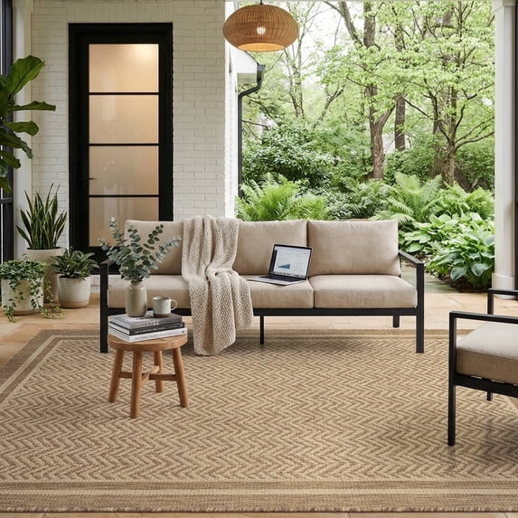 SIXHOME Outdoor Rugs 8'x10', Farmhouse Bordered Patio Rug, Indoor Outdoor Polypropylene Weave Textured Carpet, Water-Resistant, Quick-Dry Rug for Porch, Balcony, RV, Garden, Neutral Brown