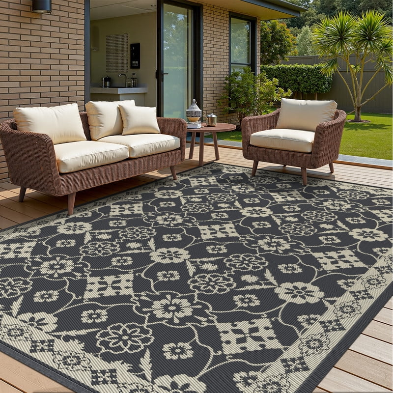 SIXHOME Outdoor Rug 6'x9' Waterproof Reversible Patio Rug Boho Floral Indoor Outdoor Rugs Lightweight Plastic Straw Ourdoor Carpet for RV Camping Deck Balcony Modern Porch Decor Gray