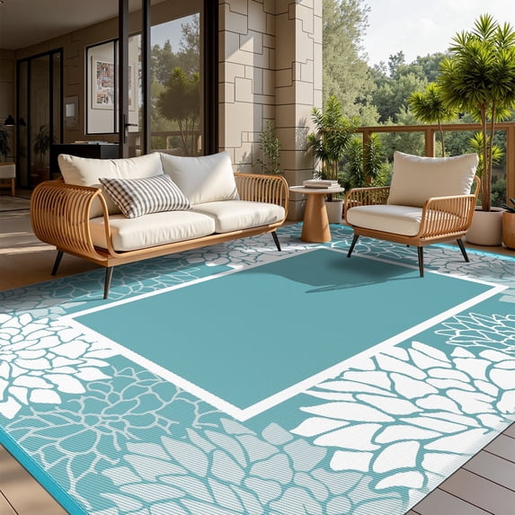 SIXHOME Outdoor Rug 6'x9' Waterproof Reversible Patio Rug Floral Border Plastic Straw Indoor Outdoor Rug for RV Camping Garden Picnic Beach Deck Backyard Porch Decor Light Blue