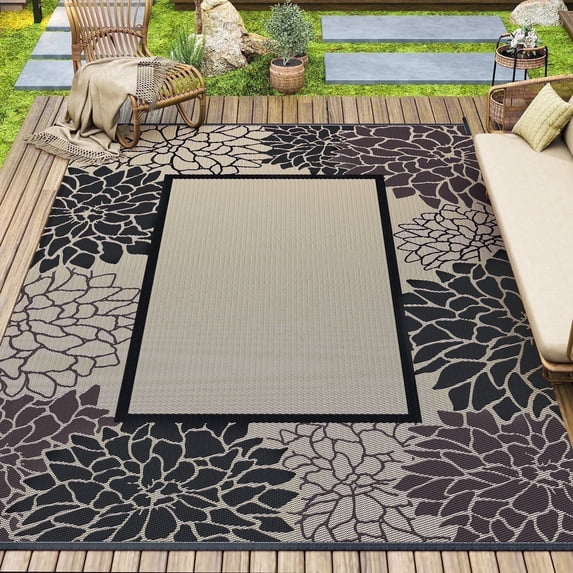 SIXHOME Outdoor Rug 6'x9' Waterproof Reversible Patio Rug Floral Border Plastic Straw Indoor Outdoor Rug for RV Camping Garden Picnic Beach Deck Backyard Porch Decor Black and Beige