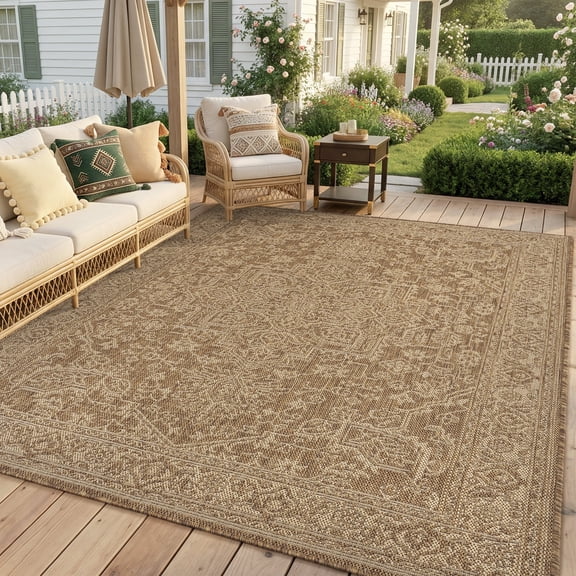 SIXHOME Outdoor Rugs 6'x9' Patio Porch, Traditional Medallion Indoor Outdoor Rug, Balcony RV Garden Carpet Brown