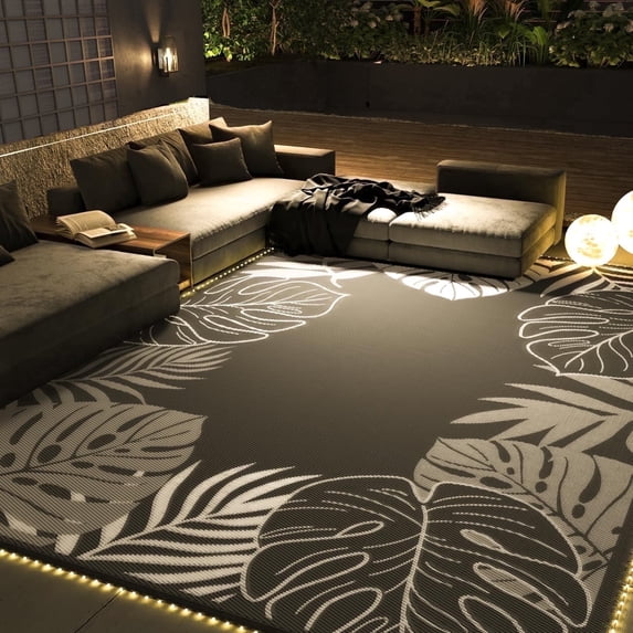 SIXHOME 6x9 Feet Waterproof Outdoor Rug with Led Light Strips, Reversible Black Plastic Patio Mat with Straw Texture Tropical Palm Leaf, Non-Slip Carpet for Camping, RV, Balcony, Porch, Picnic