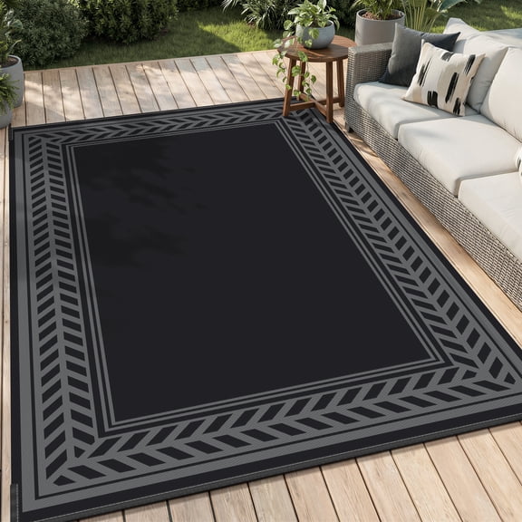 SIXHOME Outdoor Rug 6'x9' Waterproof Reversible Patio Rug Boho Geometric Indoor Outdoor Rugs Lightweight Plastic Straw Ourdoor Carpet for RV Camping Deck Balcony Modern Porch Decor Black and Gray
