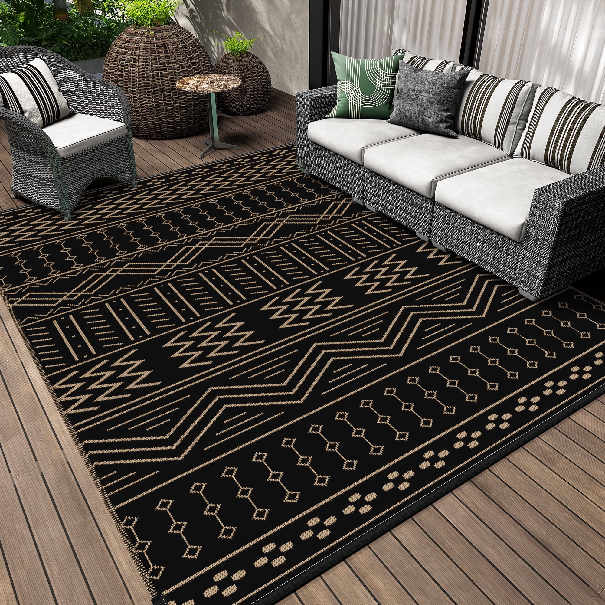 SIXHOME Outdoor Rug 8'x10' Waterproof Patio Rug Reversible Indoor Outdoor Rug Lightweight Plastic Straw Rug for RV Camping Deck Balcony Boho Porch Decor Black and Brown