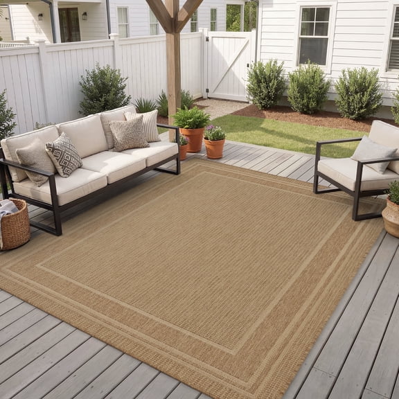 SIXHOME Outdoor Rugs 8'x10' Patio Rug Modern Bordered Indoor Outdoor Rugs Polypropylene Washable Non Shedding, Easy Clean, Waterproof, Durable Outdoor Carpet for Porch Balcony Deck Neutral Brown