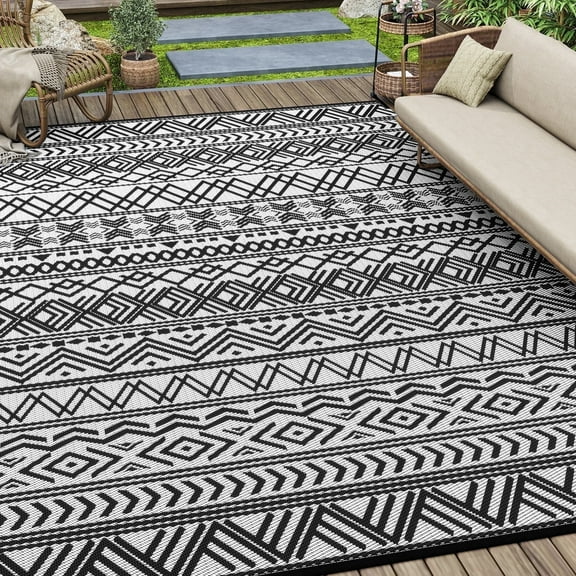 SIXHOME Outdoor Rug 8'x10' Waterproof Reversible Patio Rug Boho Geometric Indoor Outdoor Rugs Lightweight Plastic Straw Ourdoor Carpet for RV Camping Deck Balcony Modern Porch Decor Black and White