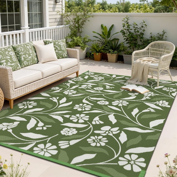 SIXHOME Outdoor Rug 8'x10' Waterproof Reversible Patio Rug Boho Geometric Indoor Outdoor Rugs Lightweight Plastic Straw Ourdoor Carpet for RV Camping Deck Balcony Modern Porch Decor Green