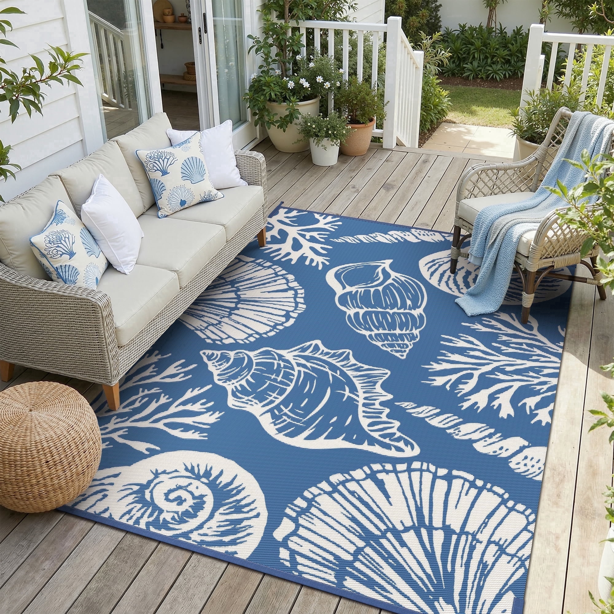 SIXHOME 8'x10' Waterproof Reversible Outdoor Rug, Coastal Ocean-Inspired Patio Rug, Lightweight Woven Plastic Carpet for RV, Camping, Deck & Balcony, Blue