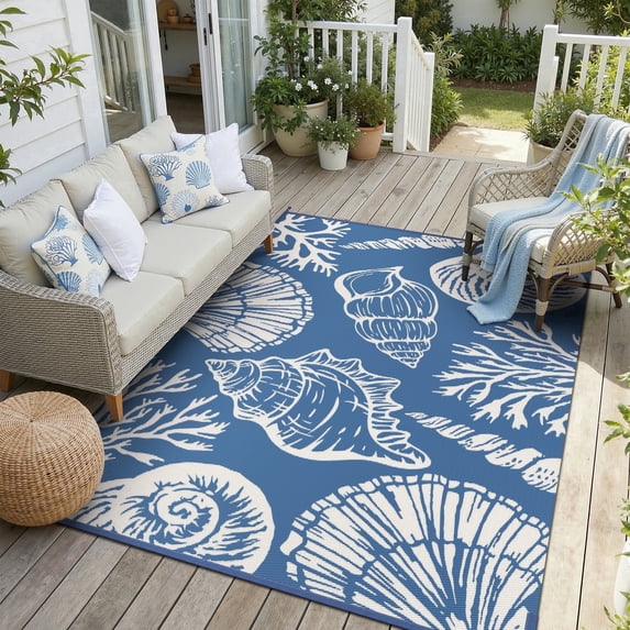 SIXHOME 8'x10' Waterproof Reversible Outdoor Rug, Coastal Ocean-Inspired Patio Rug, Lightweight Woven Plastic Carpet for RV, Camping, Deck & Balcony, Blue