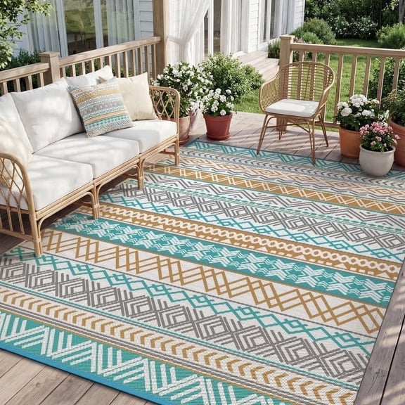 SIXHOME Outdoor Rug 8'x10' Waterproof Reversible Patio Rug Boho Geometric Indoor Outdoor Rugs Lightweight Plastic Straw Ourdoor Carpet for RV Camping Deck Balcony Modern Porch Decor Gray and Teal