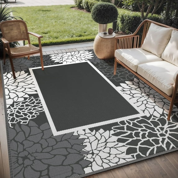 SIXHOME Outdoor Rug 8'x10' Waterproof Reversible Patio Rug Floral Border Plastic Straw Indoor Outdoor Rug for RV Camping Garden Picnic Beach Deck Backyard Porch Decor Dark Grey and White