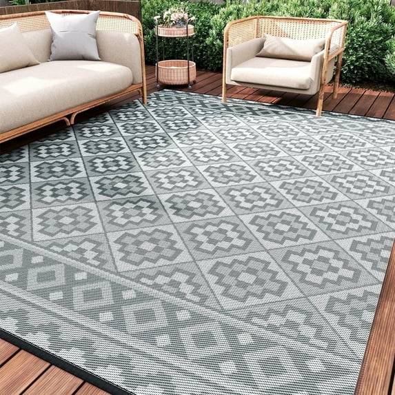 SIXHOME Outdoor Rug 8'x10' Waterproof Reversible Patio Rug Modern Lightweight Plastic Straw Indoor Outdoor Rug for RV Camping Deck Balcony Porch Boho Patio Decor Outdoor Carpet Light Gray