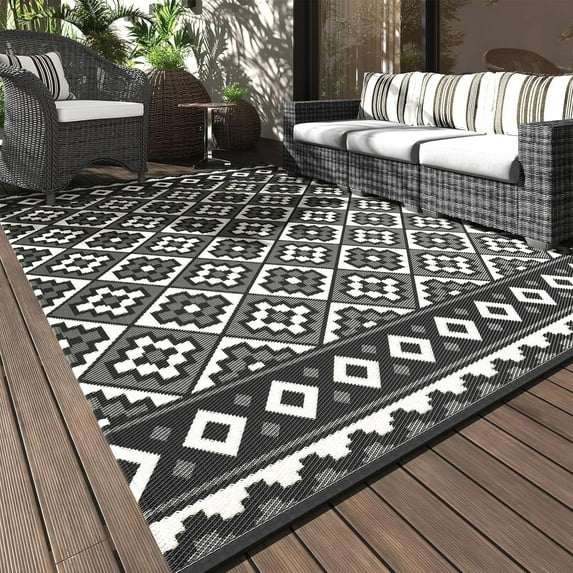 SIXHOME Outdoor Rug 8'x10' Waterproof Reversible Patio Rug Modern Lightweight Plastic Straw Indoor Outdoor Rug for RV Camping Deck Balcony Porch Boho Patio Decor Outdoor Carpet Black and Wite