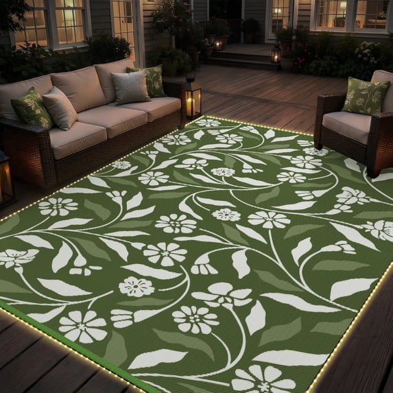 SIXHOME Outdoor Rug with LED Strip Lights 8'x10' Waterproof Patio Rug Reversible Indoor Outdoor Rug Lightweight Plastic Straw Rug for RV Camping Deck Balcony Boho Porch Decor Green