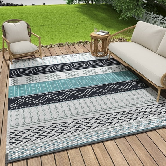 SIXHOME Outdoor Rug 9'x12' Waterproof Patio Rug Colorful Reversible Indoor Outdoor Rug Lightweight Plastic Straw Rug for RV Camping Deck Balcony Boho Porch Decor Colorful and Blue