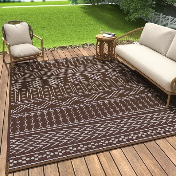 SIXHOME Outdoor Rug 9'x12' Waterproof Patio Rug Reversible Indoor Outdoor Rug Lightweight Plastic Straw Rug for RV Camping Deck Balcony Boho Porch Decor Beige and Brown