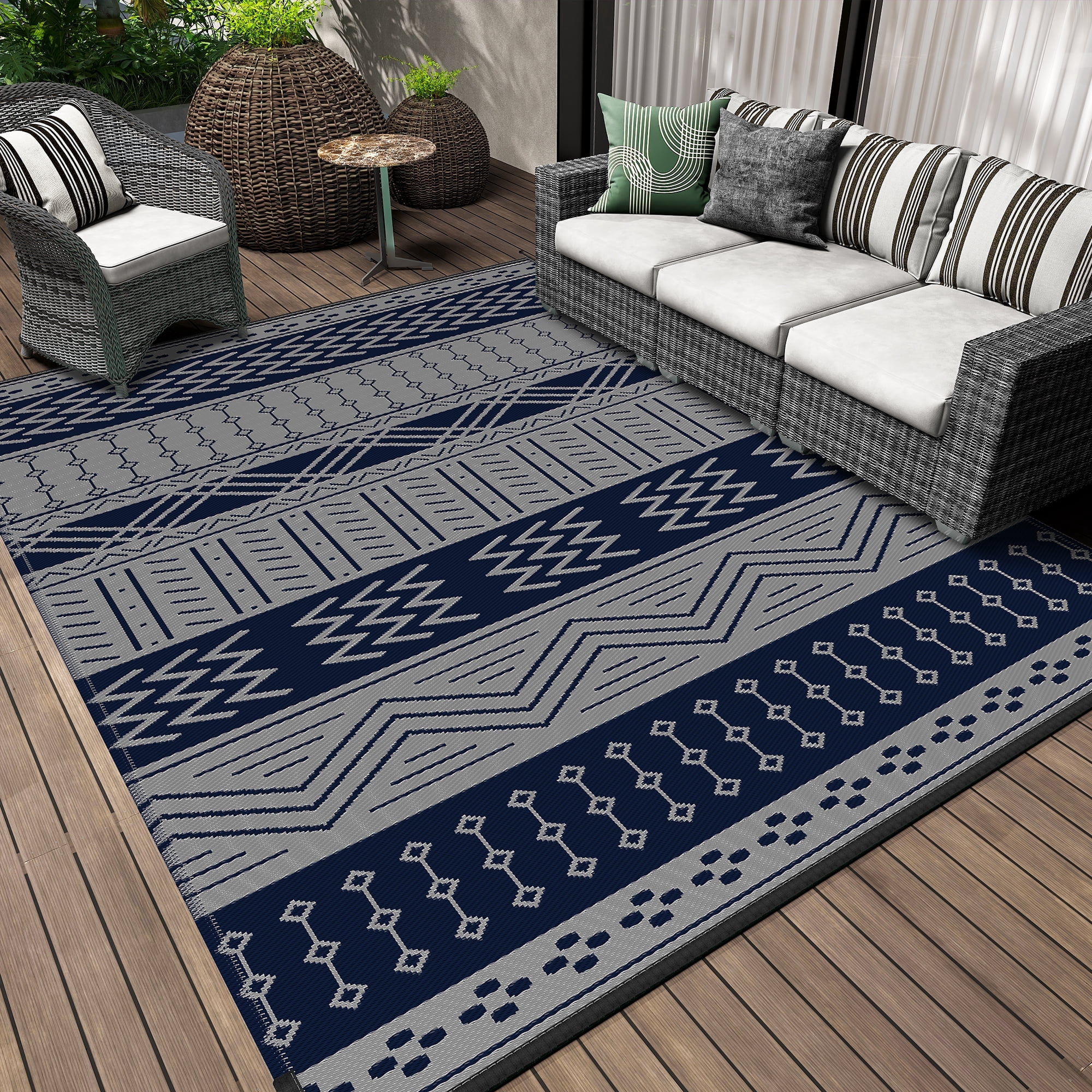 SIXHOME Outdoor Rug 9'x12' Waterproof Patio Rug Reversible Indoor Outdoor Rug Lightweight Plastic Straw Rug for RV Camping Deck Balcony Boho Porch Decor Blue and Gray