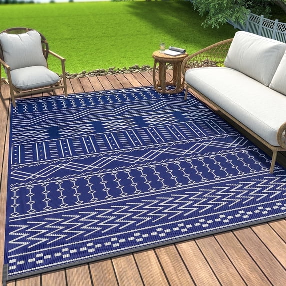 SIXHOME Outdoor Rug 9'x12' Waterproof Patio Rug Reversible Indoor Outdoor Rug Lightweight Plastic Straw Rug for RV Camping Deck Balcony Boho Porch Decor Blue and White