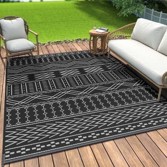 SIXHOME Outdoor Rug 9'x12' Waterproof Patio Rug Reversible Indoor Outdoor Rug Lightweight Plastic Straw Rug for RV Camping Deck Balcony Boho Porch Decor Dark Grey and White