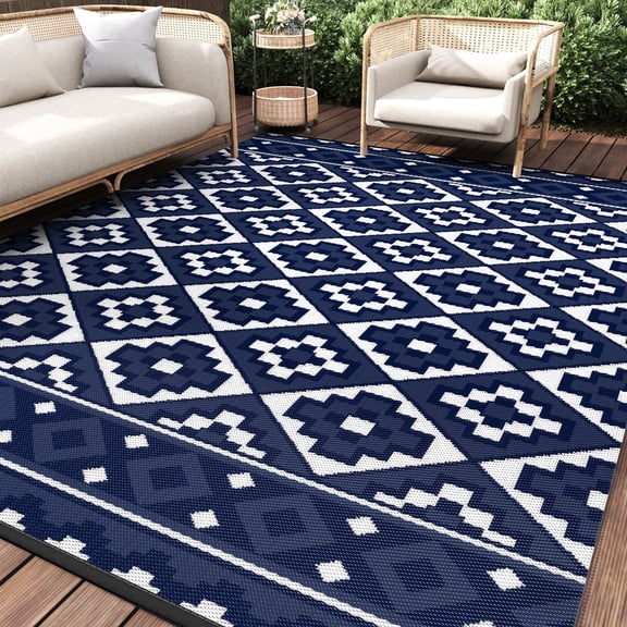 SIXHOME Outdoor Rug 9'x12' Waterproof Reversible Patio Rug Boho Geometric Indoor Outdoor Rugs Lightweight Plastic Straw Ourdoor Carpet for RV Camping Deck Balcony Modern Porch Decor Blue