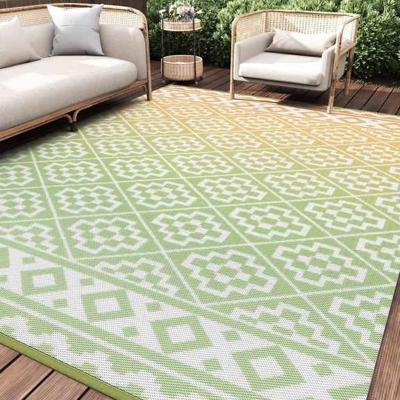 SIXHOME Outdoor Rug 9'x12' Waterproof Reversible Patio Rug Boho Geometric Indoor Outdoor Rugs Lightweight Plastic Straw Ourdoor Carpet for RV Camping Deck Balcony Modern Porch Decor Sage and Yellow