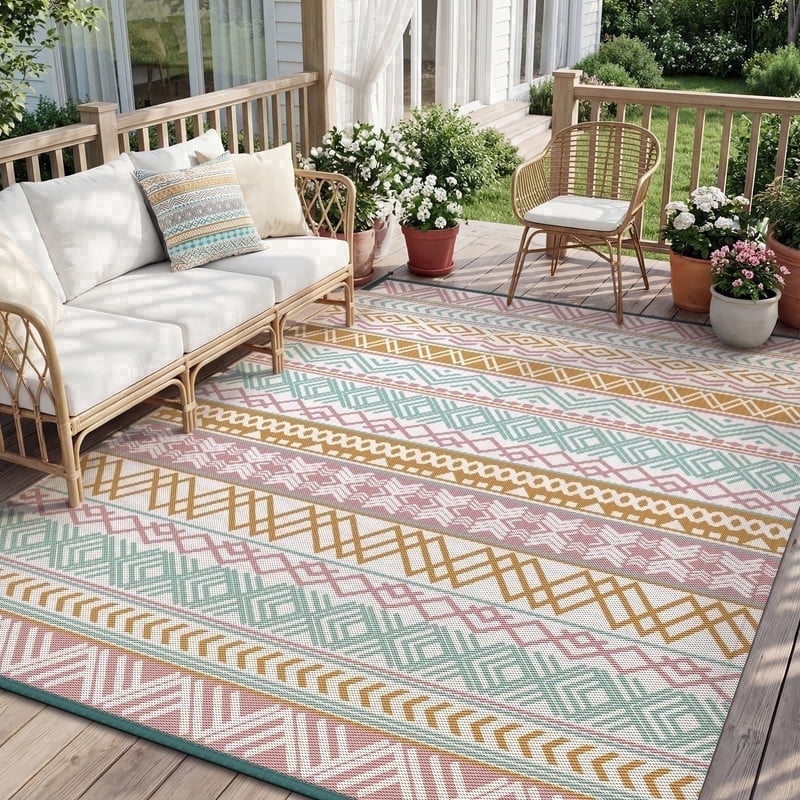 SIXHOME Outdoor Rug 9'x12' Waterproof Reversible Patio Rug Boho ...