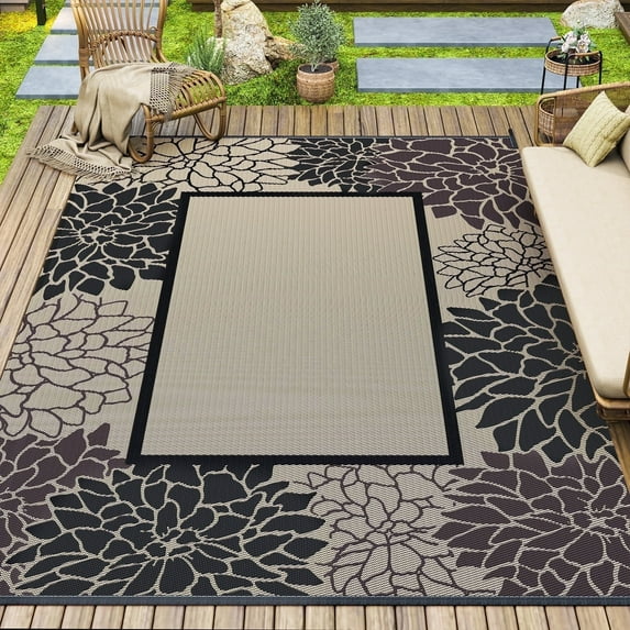 SIXHOME Outdoor Rug 9'x12' Waterproof Reversible Patio Rug Floral Border Plastic Straw Indoor Outdoor Rug for RV Camping Garden Picnic Beach Deck Backyard Porch Decor Black and Beige