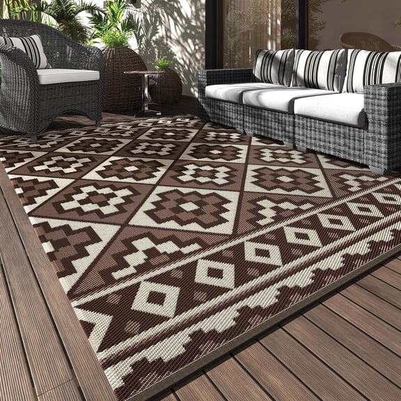 SIXHOME Outdoor Rug 9'x12' Waterproof Reversible Patio Rug Modern Lightweight Plastic Straw Indoor Outdoor Rug for RV Camping Deck Balcony Porch Boho Patio Decor Outdoor Carpet Brown and Beige