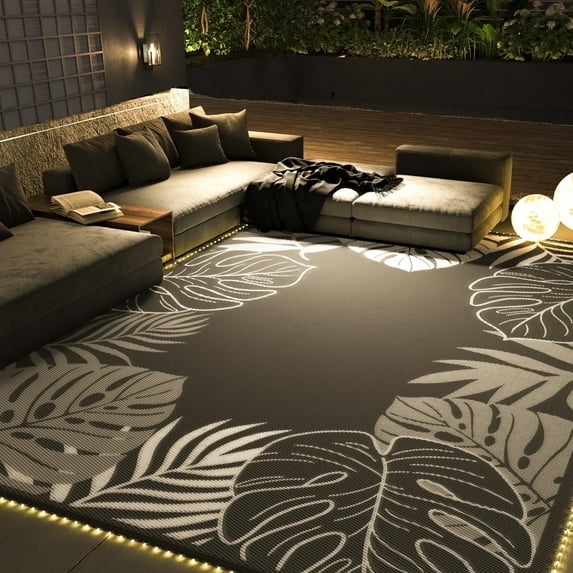 SIXHOME 9x12 Feet Waterproof Outdoor Rug with Led Light Strips, Reversible Black Plastic Patio Mat with Straw Texture Tropical Palm Leaf, Non-Slip Carpet for Camping, RV, Balcony, Porch, Picnic