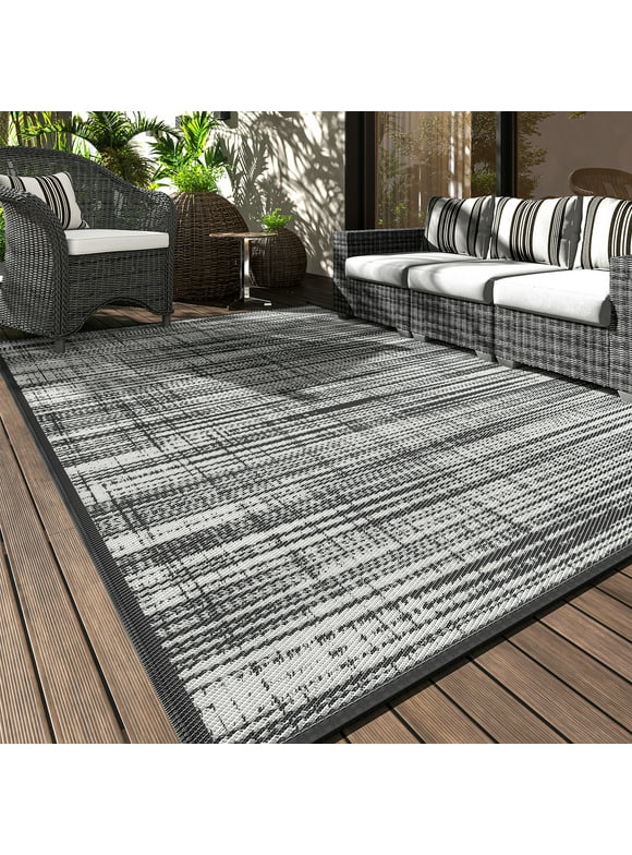 SIXHOME Outdoor Rug Carpet 5'x8' Waterproof Reversible Patio Rug Portable Modern Abstract Indoor Outdoor Rug Plastic Straw Rug for RV Camping Garden Picnic Deck Backyard Porch Decor Grey and White